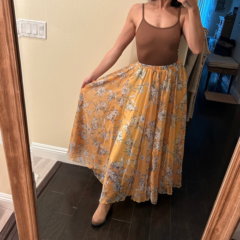 Mustard Floral Sheer Maxi Skirt XS/S Elastic Waist Boho Cottagecore - Picture 2 of 6